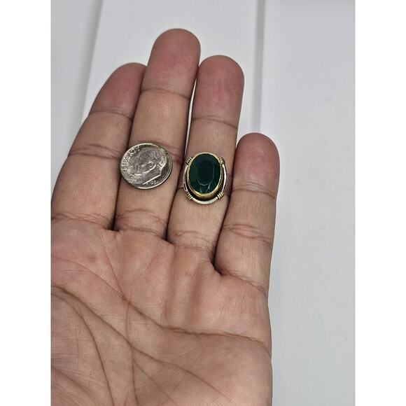 925 Sterling Silver - Bronze Bezel - Oval Simulated Emerald Ring Size 8.75 - Picture 5 of 6